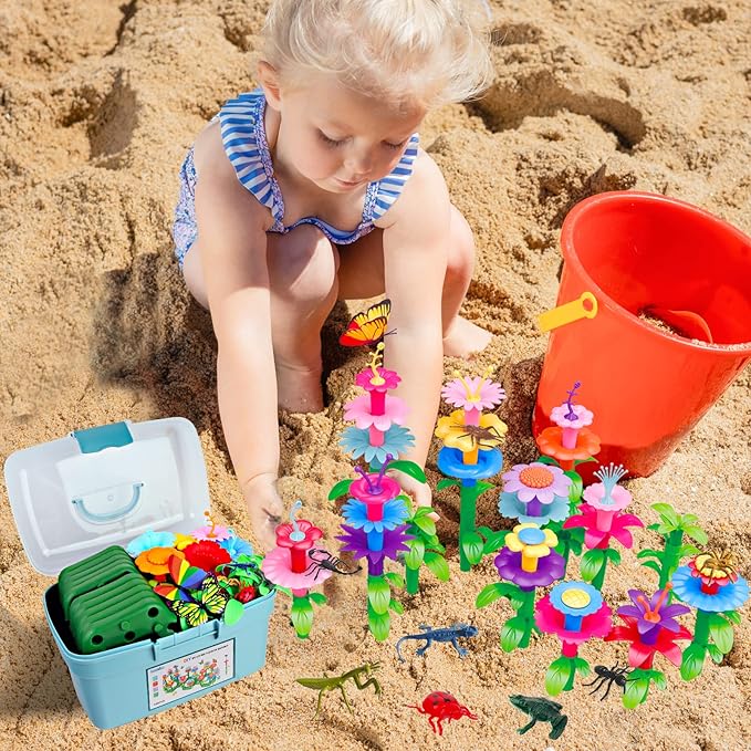 Birthday Toys Gifts for 2 3 4 5 6 Years Old Toddler Girls Boys, 156 PCS Insect Flower Garden Building Educational STEM Learning Pretend Play Gardening Set, Gifts for Preschool Kids Age 2+