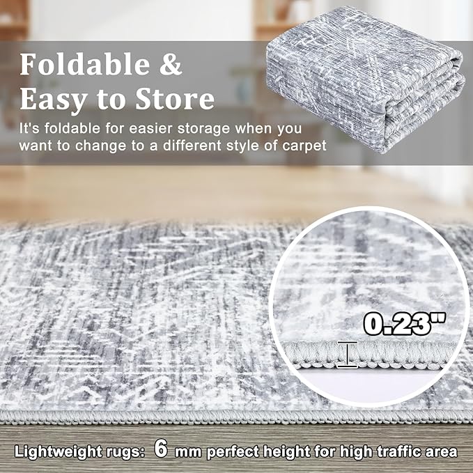 COZYLOOM 2x8 Runner Rug for Living Room, Kitchen Modern Washable Distressed Accent Carpet with Non-Slip Backing, Ultra-Soft Contemporary Geometric Floor Mat, Bedroom, Grey