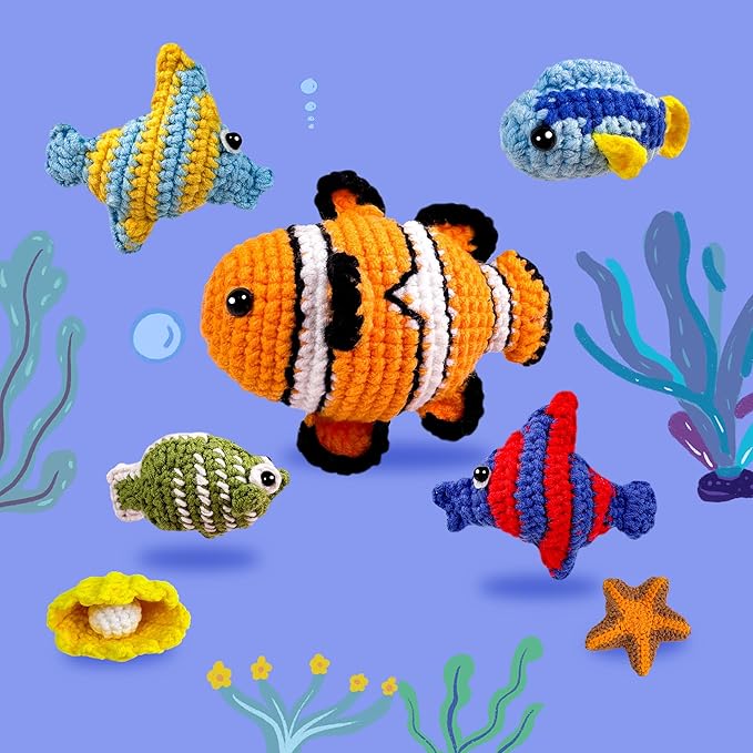 ChillFuzz Animal Crochet Kit Beginner Crochet Kit for Adults and Kids with Yarn Hook and Instructions Creative DIY Craft Project Aquarium