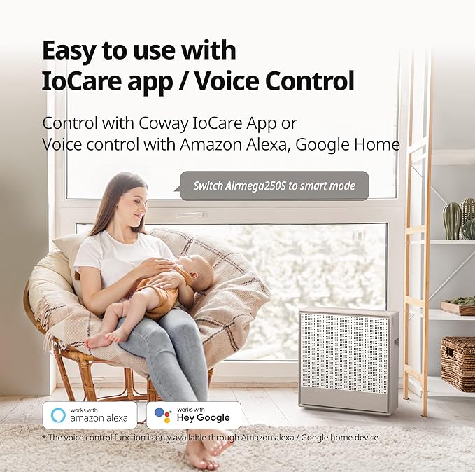 COWAY Air Purifiers for Home Large Room Up to 930 ft², Washable Pre-Filter and True HEPA Filter for Smoke, Allergies, Pet Dander, Odor, AQI, App Control, Smart & Rapid Mode, 3yr Warranty, 250S