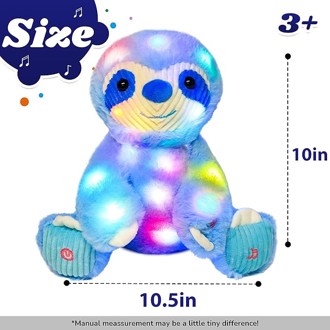 Cuteoy Light-up Singing Plush Blue Sloth LED Musical Stuffed Animal Adjustable Volume Lullaby Plushies Birthday Christmas Toy Gifts for Kids Toddler Girls, 13"