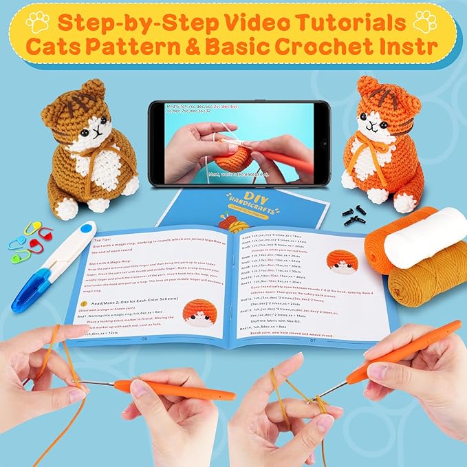 Crochet Kit for Beginners, 2PCS Cat Crochet Animal Kit with Step-by-Step Video Tutorials, Beginner Crochet Kit for Adults, Crochet Starter Kit for Kids, Learn to Crochet, Stuffed Animal Knitting Kit