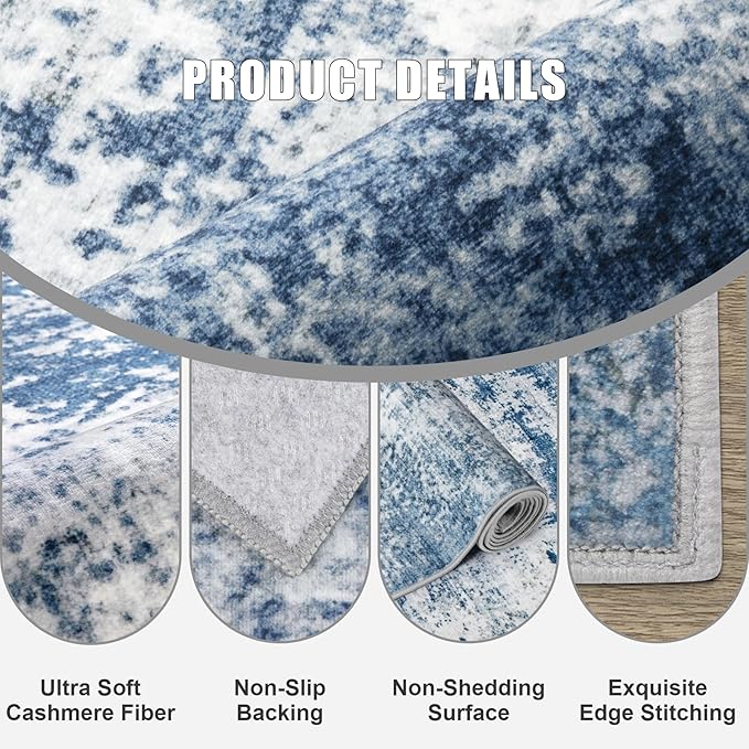 6x9 Area Rug Living Room Rug: Washable Modern Abstract Soft Thin Rug Indoor Floor No Slip Stain Resistant Carpet for Bedroom Dining Room Farmhouse Nursery Home Office - Blue