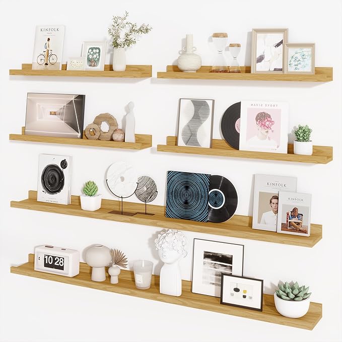 Axeman Picture Ledge Shelf, Floating Shelves for Wall Decor Storage Set of 6, 55 inch Floating Wall Mounted Shelves, Shelves with Lip for Living Room, Bedroom, Nursery, Bathroom, Kitchen, Oak