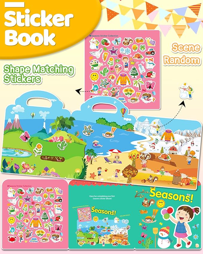Benresive Reusable Sticker Book for Toddlers 2-4 Years, Fun Travel Stickers for Kids, Waterproof Sticker Books for Toddlers 1-3, Crafts Activities for Todddlers 1-3 2-4 3-5 - Season