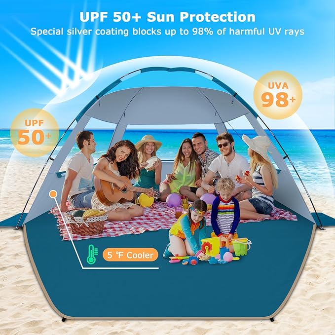 COMMOUDS Beach Tent Sun Shade for 3/4-5/6-7/8-10 Person, UPF 50+ Beach Sun Shelter Canopy Tent, Lightweight, Easy Set Up and Carry