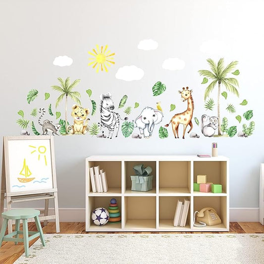 clothmile Watercolor Jungle Animal Wall Decals - Forest Animal Wall Sticker - Elephant, Lion, Monkey - For Kids, Baby Nursery, Playroom, Bedroom & Classroom Decor