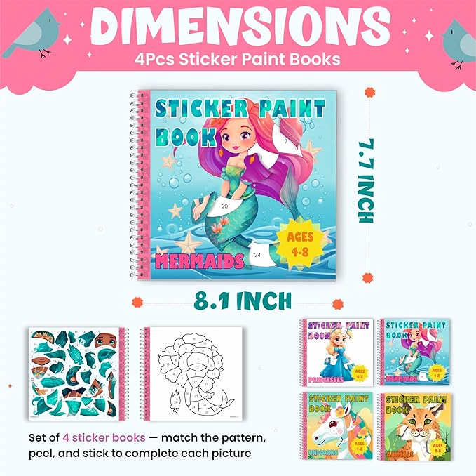 BulbaCraft 4Pcs Sticker Paint Books for Girls - Sticker Books by Number with Mermaids, Princesses, Animals and Unicorns - Coloring Activity for Kids