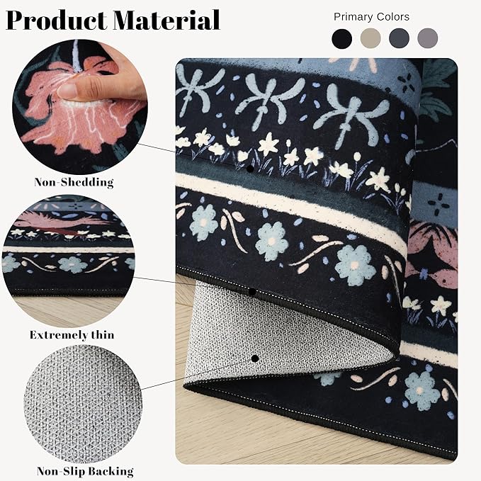 Bedroom Rug 3x5 Rug Washable Area Rug Non Slip Low Pile Vintage Floral Botanical Small Carpet for Bedroom, Bedside, Kitchen, Entryway, Kids Room, Office, Black