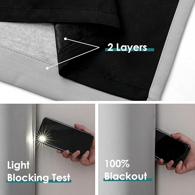 ChrisDowa 100% Blackout Curtains for Bedroom with Black Liner, 2 Thick Layers Total Blackout Thermal Insulated Grommet Window Curtains 84 Inch Long 2 Panels Set (Light Grey, 42 x 84 Inch)