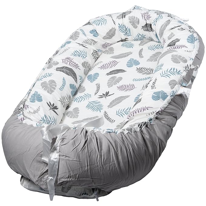 Baby Support Base for Awake Time – Foldable & Soft – 100% Cotton - Machine Washable - Perfect Baby Gift– Breathable & Soft Travel for Baby Boys & Girls (Feathers n Leaves-Grey)