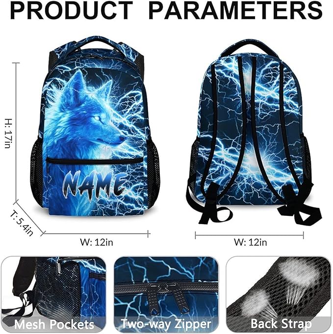 Custom Wolf Backpack for Boys Kids - 17 Inch Personalized Lightning Backpack for School Kindergarten Elementary Primary Senior Middle - Durable Cool Schoolbag with Name