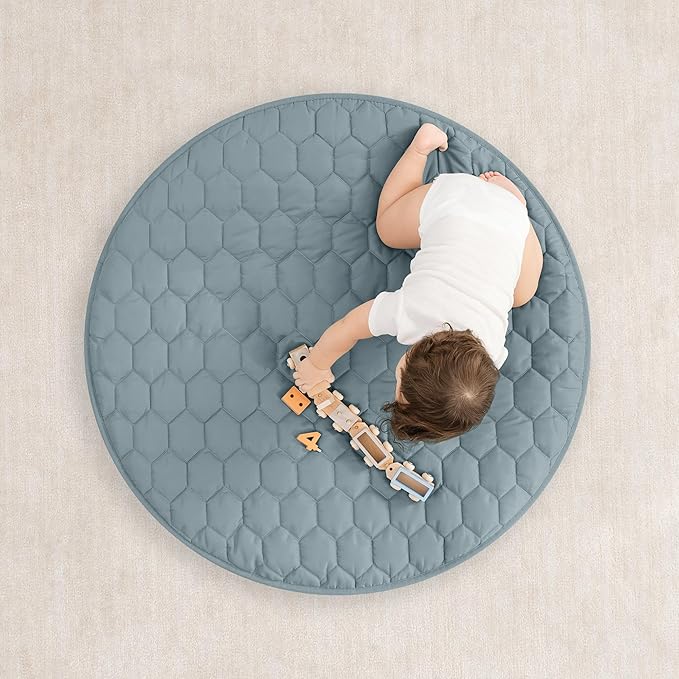 Comfy Cubs Round Kids Play Mat -Small 36 inches Soft Quilted Baby Floor Mat with Non-Slip Bottom - Plush Design for Toddlers' Playtime and Relaxation - Comfortable and Durable - Pacific Blue