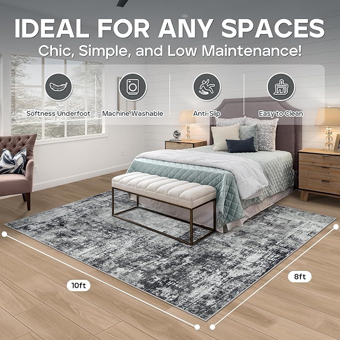 8x10 Area Rugs for Living Room Rug Washable: Modern Large Rug for Dining Room Bedroom Carpet Non Slip 8 by 10 Indoor Abstract Nursery Home Office Black Grey