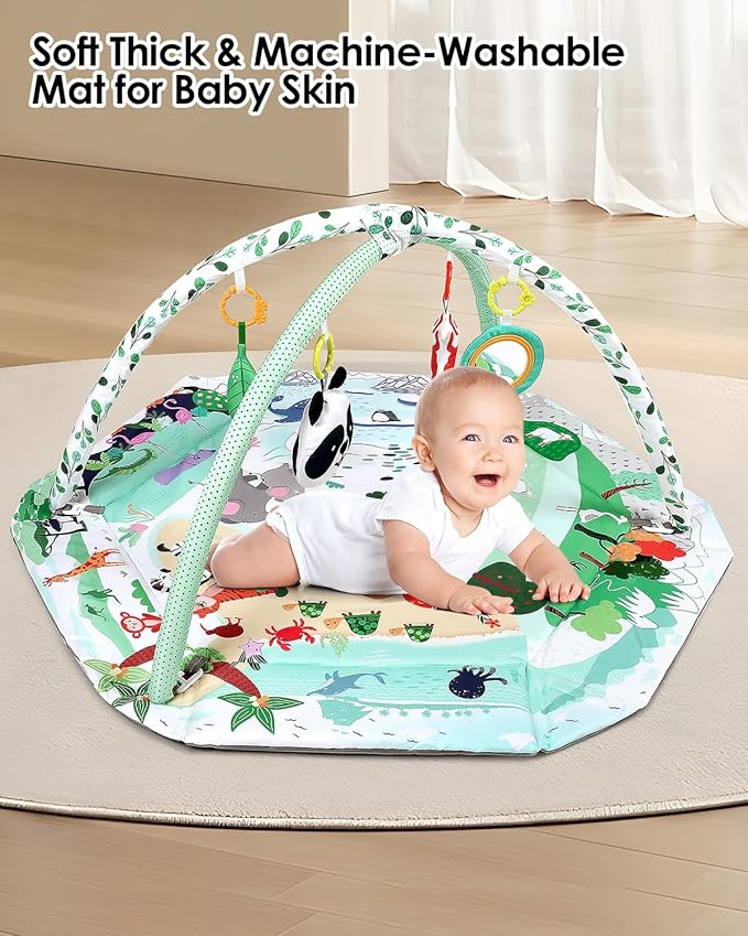 dearlomum 4-in-1 Tummy Time Mat,Baby Activity Play Mat,Newborn Play Baby Mats for Floor with 6 Infant Learning Sensory Baby Toys, Toddler Motor Skill Development,Babies Ball Pit with 18 Ocean Balls