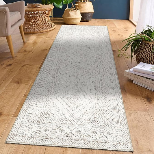 COZYLOOM Runner Rug 2x8 Living Room Washable Rugs Stain Resistant for Bedroom Soft Floor Carpet Non Slip Distressed Geometric Carpet for Dining Room Laundry Room Office, Ivory
