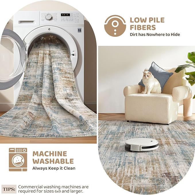 Area Rug for Living Room: 6x9 Washable Neutral Abstract Modern Soft Rugs Non Slip Indoor Floor Stain Resistant Large Carpet for Bedroom Dining Room Office Nursery - Blue Brown