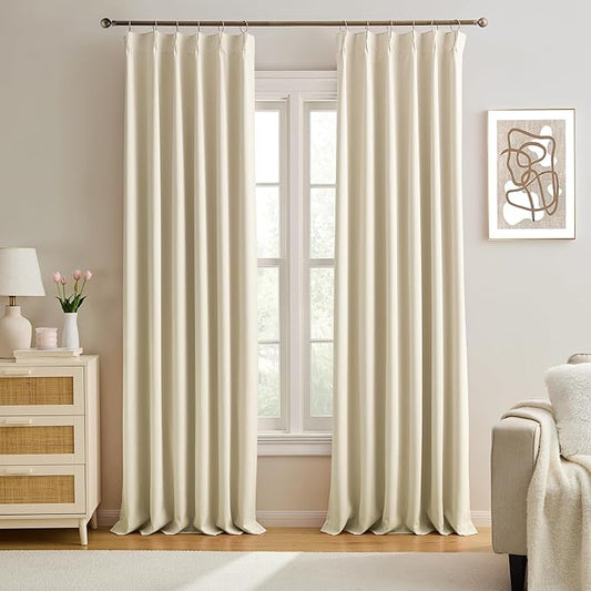 KEQIAOSUOCAI Pinch Pleated Curtains 156 Inches Long,Memory Shape Room Darkening Soundproof Window Curtains with Hooks for Bedroom Living Room Track System 40 x 156 x 2 Panels Cream Beige