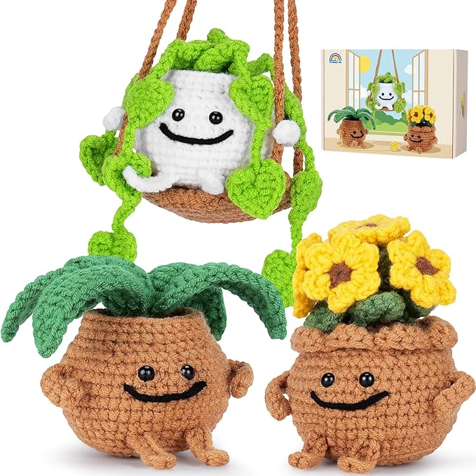 Crochet Kit for Beginners - 3 PCS Potted Plants Crochet Kit with Step-by-Step Video Tutorials, Beginner Crochet Kits for Adults Kids, Potted Plant with Swing Crocheting Set