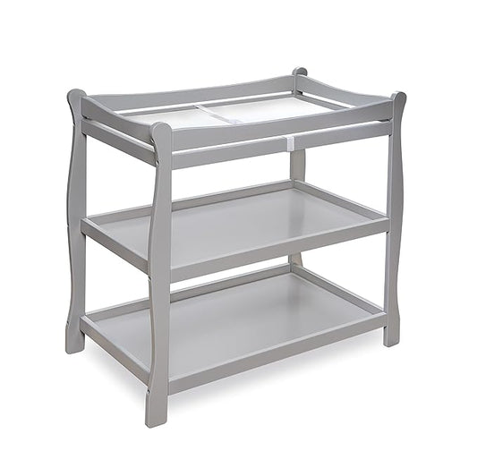 Badger Basket Sleigh Style Baby Changing Table - Nursery Diaper Station with Safety Rails, Foam Pad, and Two Storage Shelves - Nursery Organizer - Gray