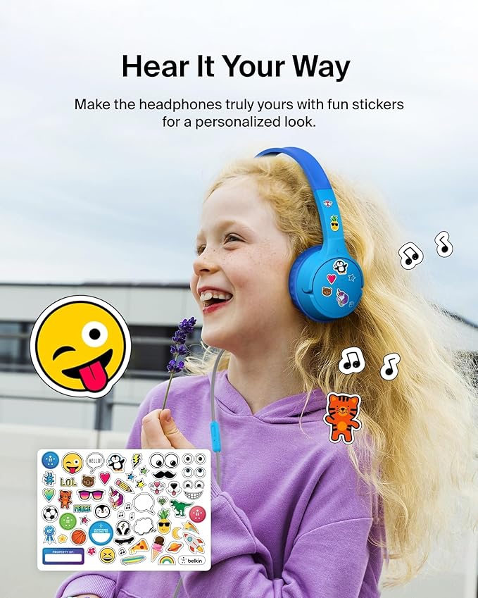 Belkin SoundForm Mini Kids Wired Headphones w/USB C to 3.5mm Dongle, Built-in Mic & Fun Stickers, 85dB Max Volume – for Online Learning, Travel, Compatible w/iPhone 16, iPad, Galaxy S25, etc - Blue