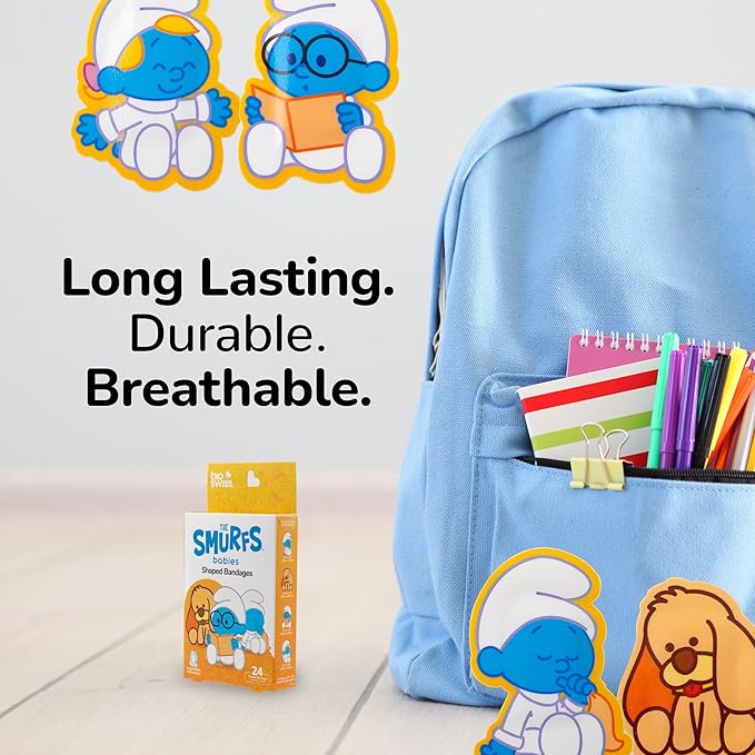 BioSwiss Bandages, The Smurfs Baby Smurf Shaped Self Adhesive Bandage, Latex Free Sterile Wound Care, Fun First Aid Kit Supplies for Kids and Adults, 24 Count Box