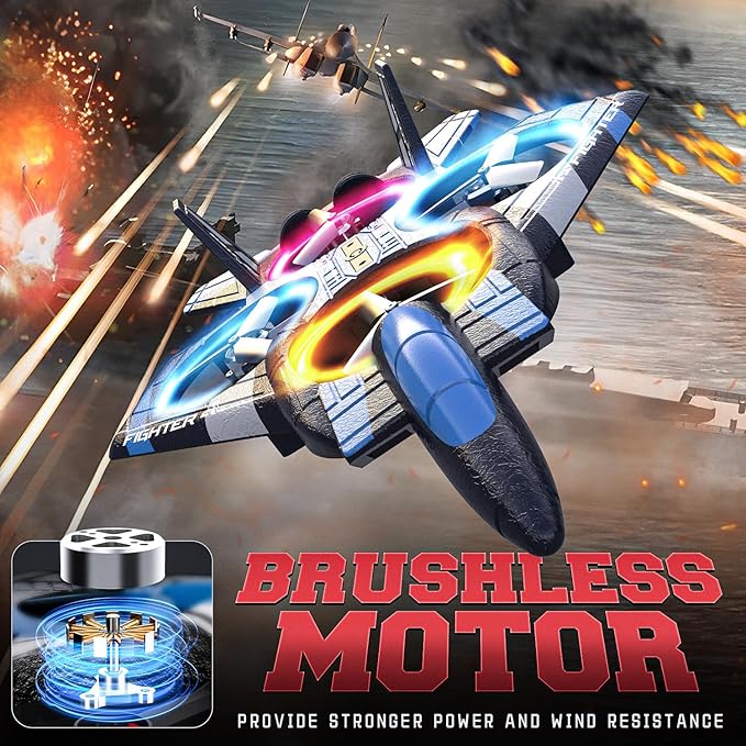 BEZGAR RC Plane for Kids | 2.4GHZ Brushless Drones with Camera, 6-axis Gyro Remote Control Airplane, 360° Flip Fighter Jet Toy, Toys for ages 8-13 with Colorful LED Navigation Lights Blue