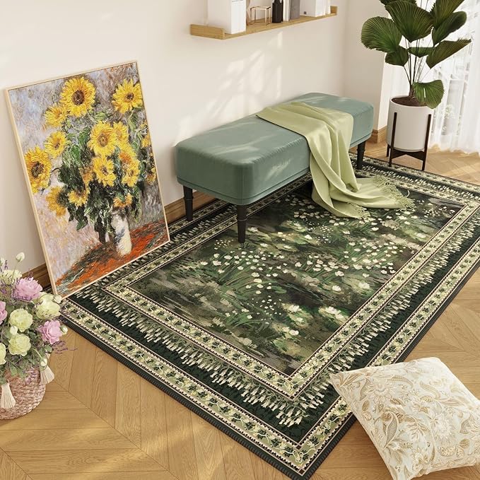 3x5 Washable Rug Impressionist-Style Vintage Non Slip Low Pile Small Carpet for Bedroom Bedside Kitchen Entryway Kids Room Office College Dorm Essentials for Girls, Green