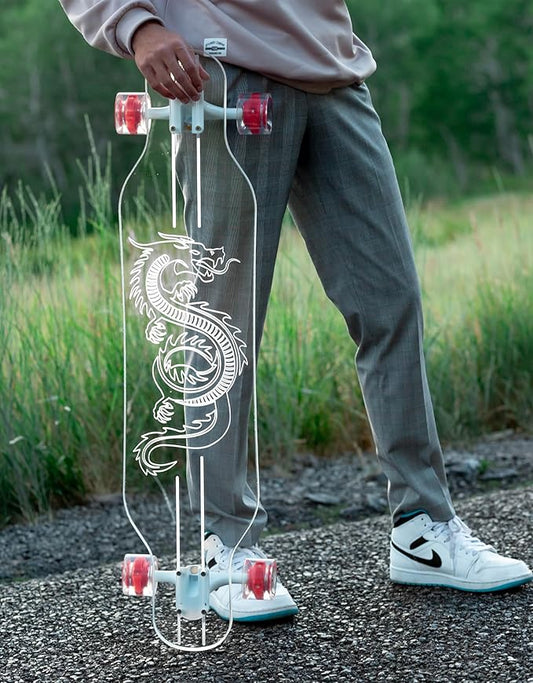 Clear Longboard Skateboard - Transparent Acrylic Long Boards with Light-Up LED Wheels for Smooth Rides - Ride The Streets in Style with Longboard Built for Beginners & Pros Alike