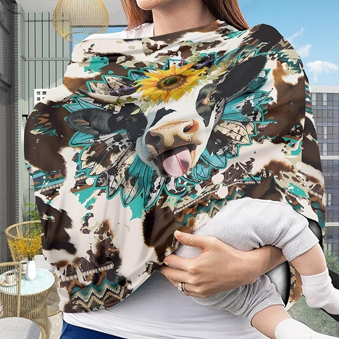 Binienty Brown Cow Sunflower Stretchy Car Seat Covers for Baby Boys Girls Infants,Breathable Babies Stroller Cover Canopies,Baby Shower Gifts