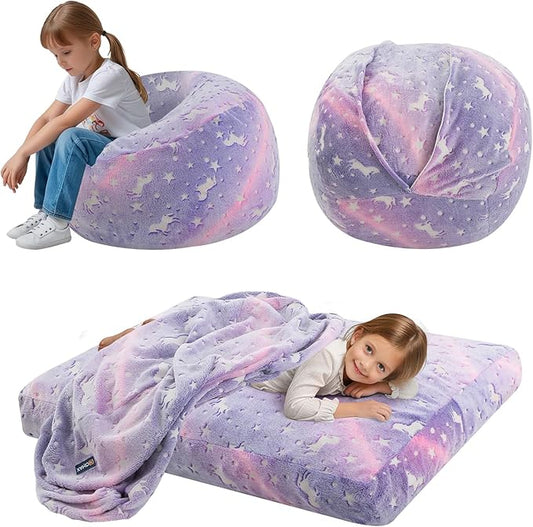 COMAX Kids Bean Bag Chair Turn into Beanbag Bed, Toddler Bean Chair for Girl Boy Sleeping, Lazy Children Bean Bags with Filler, Convertible Child Floor Mattress, Purple Unicorn