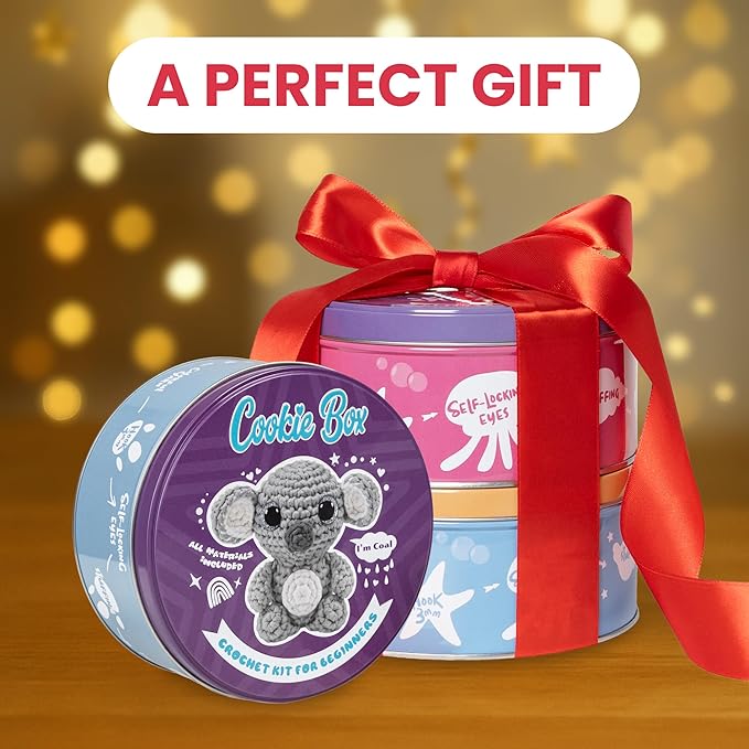 Cookie Box Crochet Kit for Beginners - Learn to Craft Amigurumi Stuffed Animals - Knitting Gift for Kids and Adults - Beginner-Friendly Yarn - Stitch-by-Stitch Video Tutorial - Koala Coal