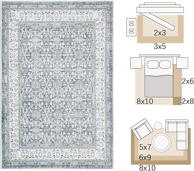 jinchan Floral 8x10 Area Rugs for Living Room - Machine Washable Vintage Distressed Boho Design Throw Rug Stain Resistant Carpet Low-Pile Thin Non-Slip for Bedroom Dining Room Nursery (8‘x10',Grey)