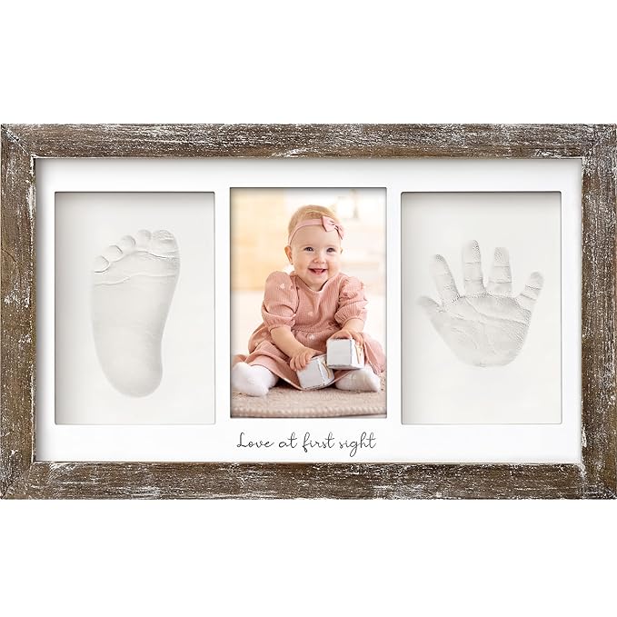 Baby Hand and Footprint Kit - Clay Handprint Keepsake Frame, Newborn Nursery Picture Frame, Personalized New Mom Gifts for Baby Shower & Registry (Barnwood)