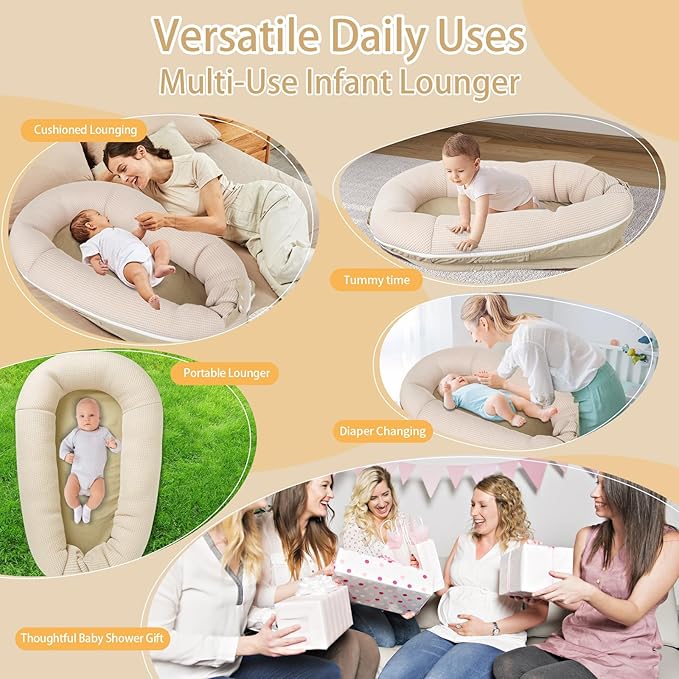 Baby Lounger, Deluxe Infant Lounger, Baby Nest Cover for Baby, Breathable Cotton, Adjustable Baby Floor Seat for Tummy Time, Newborn Essentials for Baby 0-12 Months (Khaki)