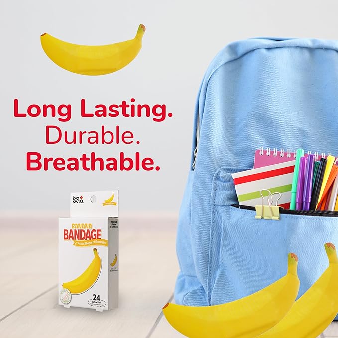 BioSwiss Bandages, Banana Shaped Self Adhesive Bandage, Latex Free Sterile Wound Care, Fun First Aid Kit Supplies for Kids, 24 Count