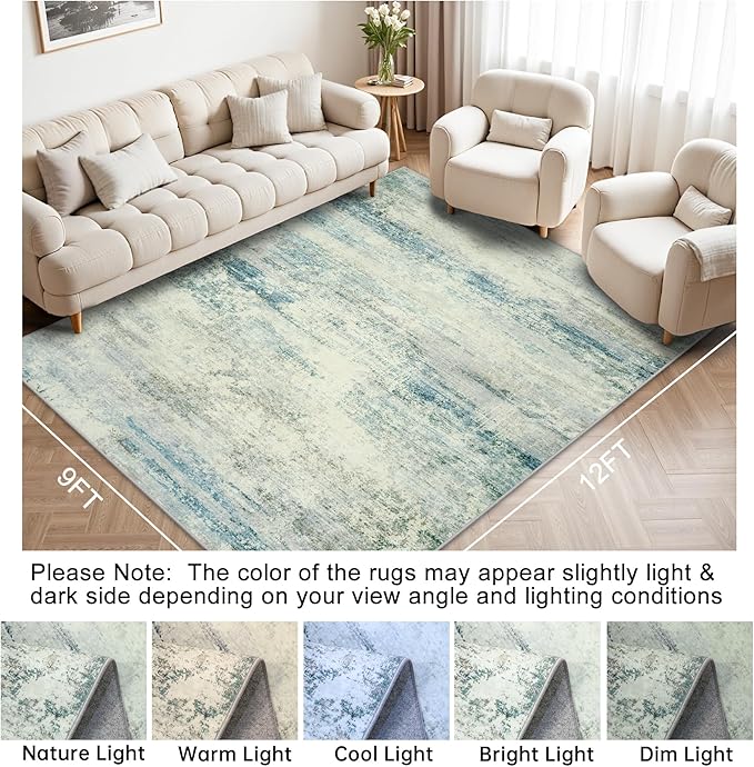 Area Rug 9x12 Washable Rugs: Abstract Large Living Room Rugs with Non-Slip Backing, Thin Carpet for Dining Room Table Bedroom Nursery Indoor Home Office-Blue/Gray