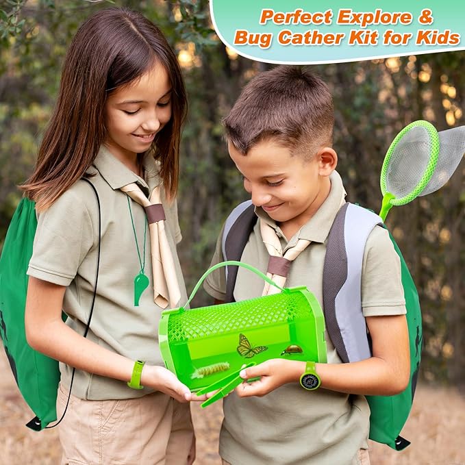 Bug Catcher Kit & Outdoor Explorer Kit for Kids, 10 Pcs Bug Catching Kit with Toy Cage, Backpack, Flashlight, Manifying Glass, Toy Net, Outdoor Exploration Toys Gift for Boys Girls 3-12