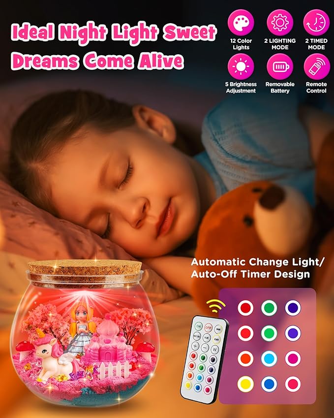 D-FantiX Unicorn Princess Toys Terrarium Kit for Kids, Led Night Light Birthday for Little Girls, DIY Arts and Crafts Science Kit for Kids Age 3 4 5 6 7 8-12 Year Old
