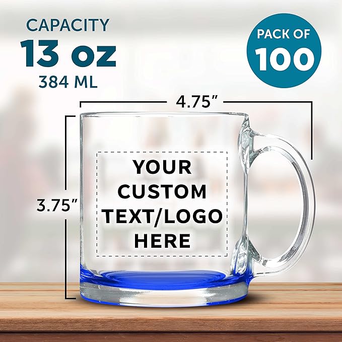 Custom Clear Glass Coffee Mugs 13 oz. Set of 100, Personalized Bulk Pack - Perfect for Coffee, Tea, Espresso, Hot Cocoa, Other Beverages - Blue Bottom
