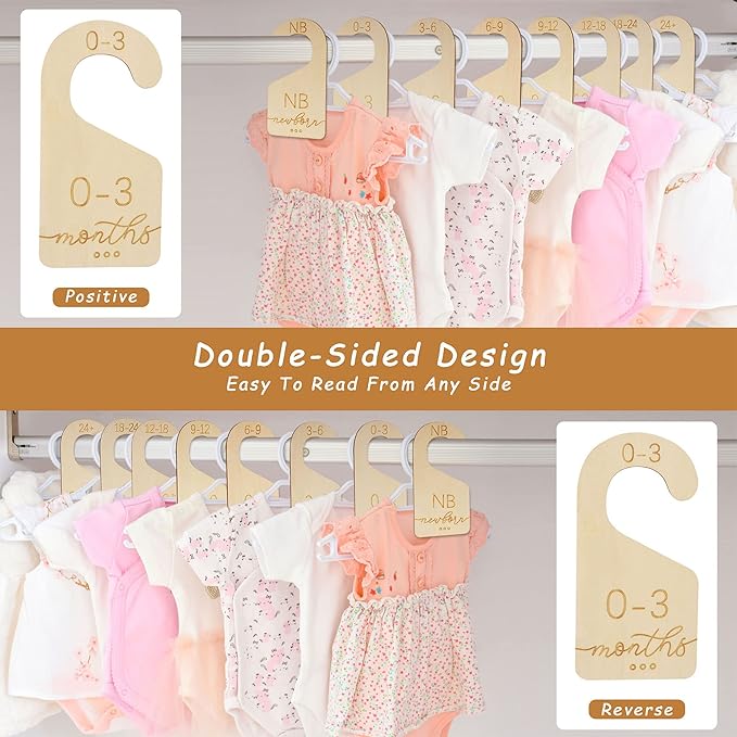 Baby Closet Dividers for Clothes Organizer - Set of 8 Beautiful Wooden Double-Sided Baby Clothes Size Organizer from Newborn to 24 Months for Nursery Decor