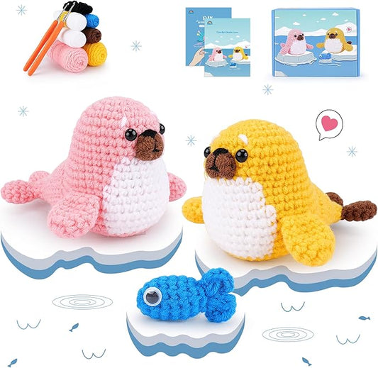 Crochet Kit for Beginners - Seal Crochet Kits with Step-by-Step Video Tutorials, Beginner Crochet Kit for Adults Kids, Crochet Animal Kit, 2 PCS Seals with a Fish Crocheting Set