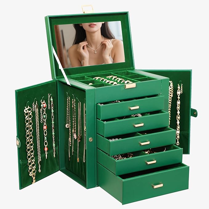 BOOVO Jewelry Box For women, 6 Layer Large Jewelry Organizer With Mirror, Multi-Function Storage Box With Lock, Necklace Holder With 5 Drawers, For Earrings Necklace Bracelet (Green and Gold)