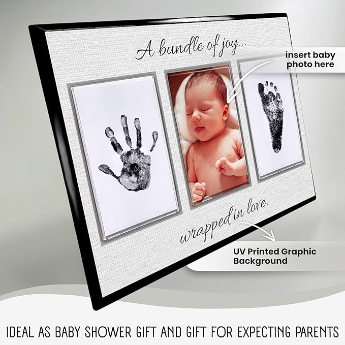 Baby Hand and Footprint Kit with Photo & Birth Details, Inkless Hand and Footprint Kit, Newborn Keepsake Plaque, Baby Shower Gifts (STYLE 2 (Baby Shower) (A Bundle Of Joy))