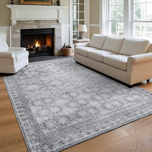 5x7 Washable Area Rug for Living Room Faded Grey, Non Slip Vintage Floral Bedroom Rugs Retro, Traditional Indoor Floor Carpet for Dining Room, Kitchen, Farmhouse, Office Classroom