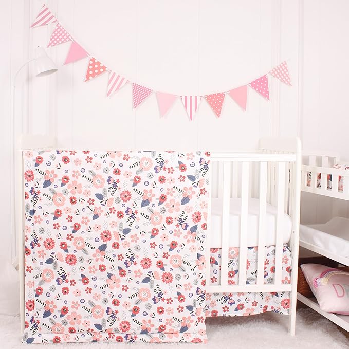 CaSaJa Baby 3-Piece Crib Bedding Set for Boys Girls, Including Soft Quilted Comforter(Blanket), Fitted Crib Sheet and Skirt, Soft Nursery Bedding Set Made of Silky Comfy Materials, Petals Flying