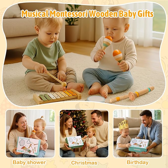 Baby Musical Instruments - Wooden Montessori Toys for Toddlers 1-3, Baby Musical Toys Percussion Instruments Set with Xylophone Tambourine, Neutral Preschool Educational Baby Toys for Boy Girls Gifts