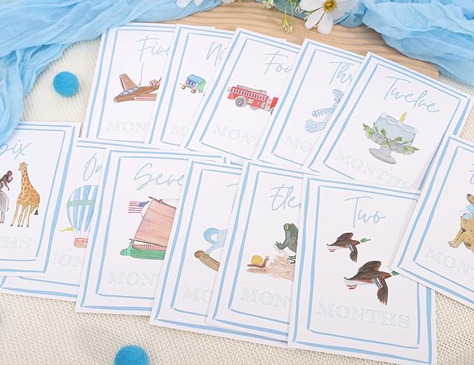 Boy Watercolor Milestone Cards - My First Monthly Milestone Cards,Blue Boy 12 Monthly Newborn Photos(Cards-1)