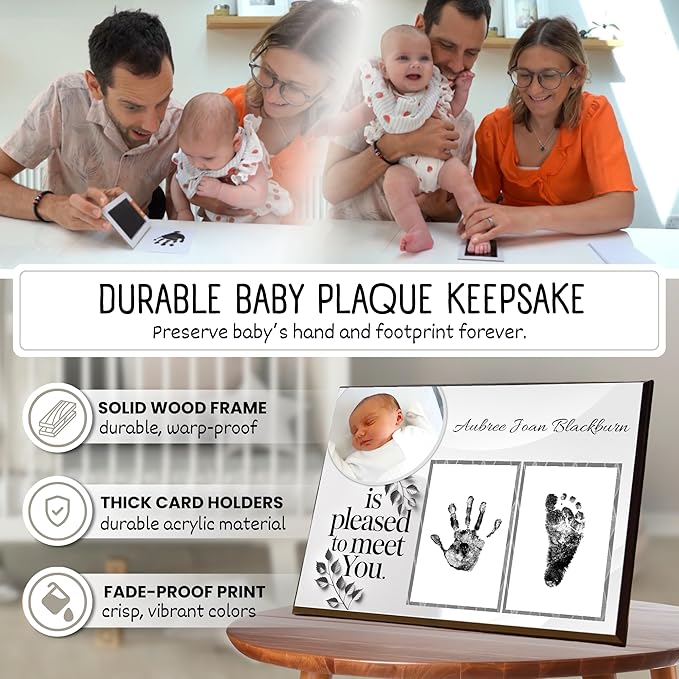Baby Hand and Footprint Kit with Photo & Birth Details, Inkless Hand and Footprint Kit, Newborn Keepsake Plaque, Baby Shower Gifts (STYLE 1 (Fully Personalized) (Is Pleased To Meet You))
