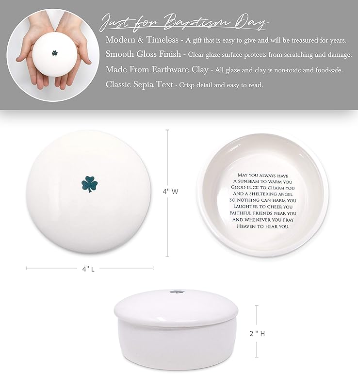 Baptism Gift or First Communion Gift, Ceramic Keepsake Box With Irish Blessing - Round Box with Shamrock in Green for Godchild